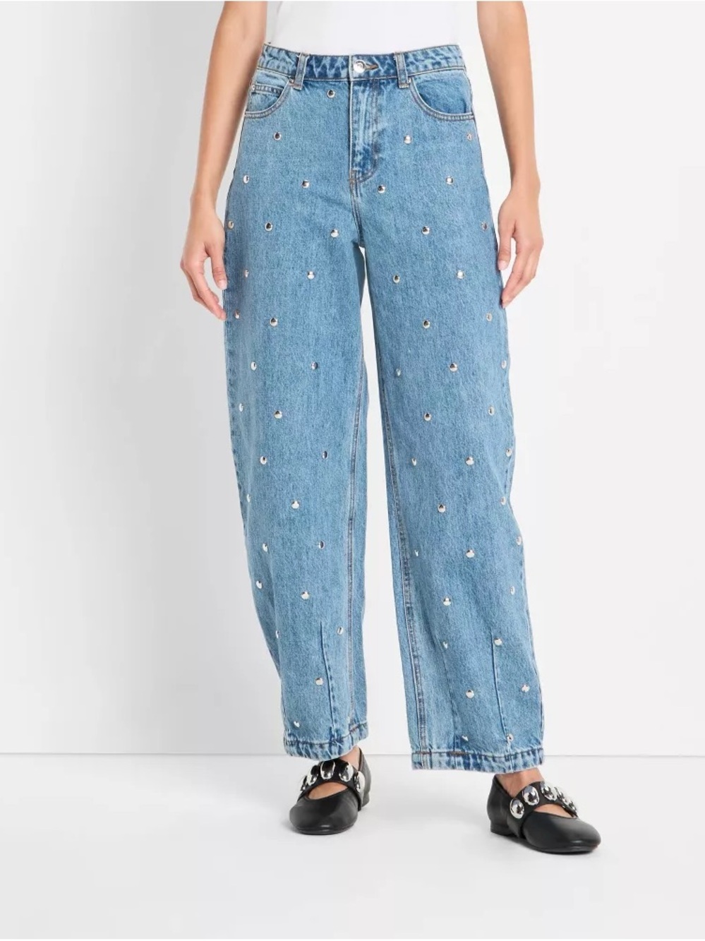 Women's Mid-Rise Studded Barrel Leg Jeans - Future Collective 12
